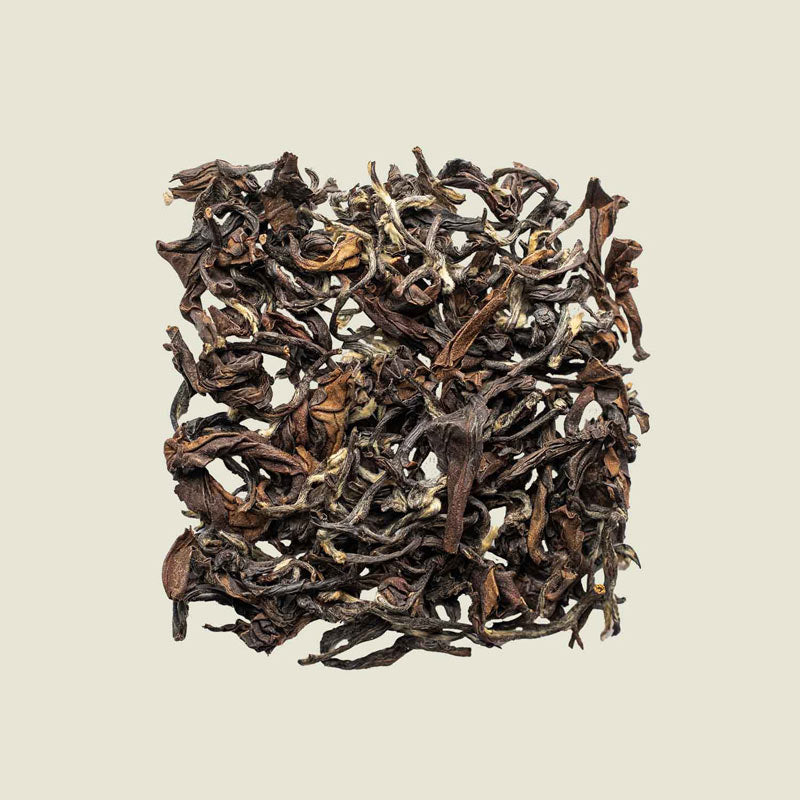 Oriental Beauty loser Oolong-Tee, von oben fotografierte trockene Teeblätter