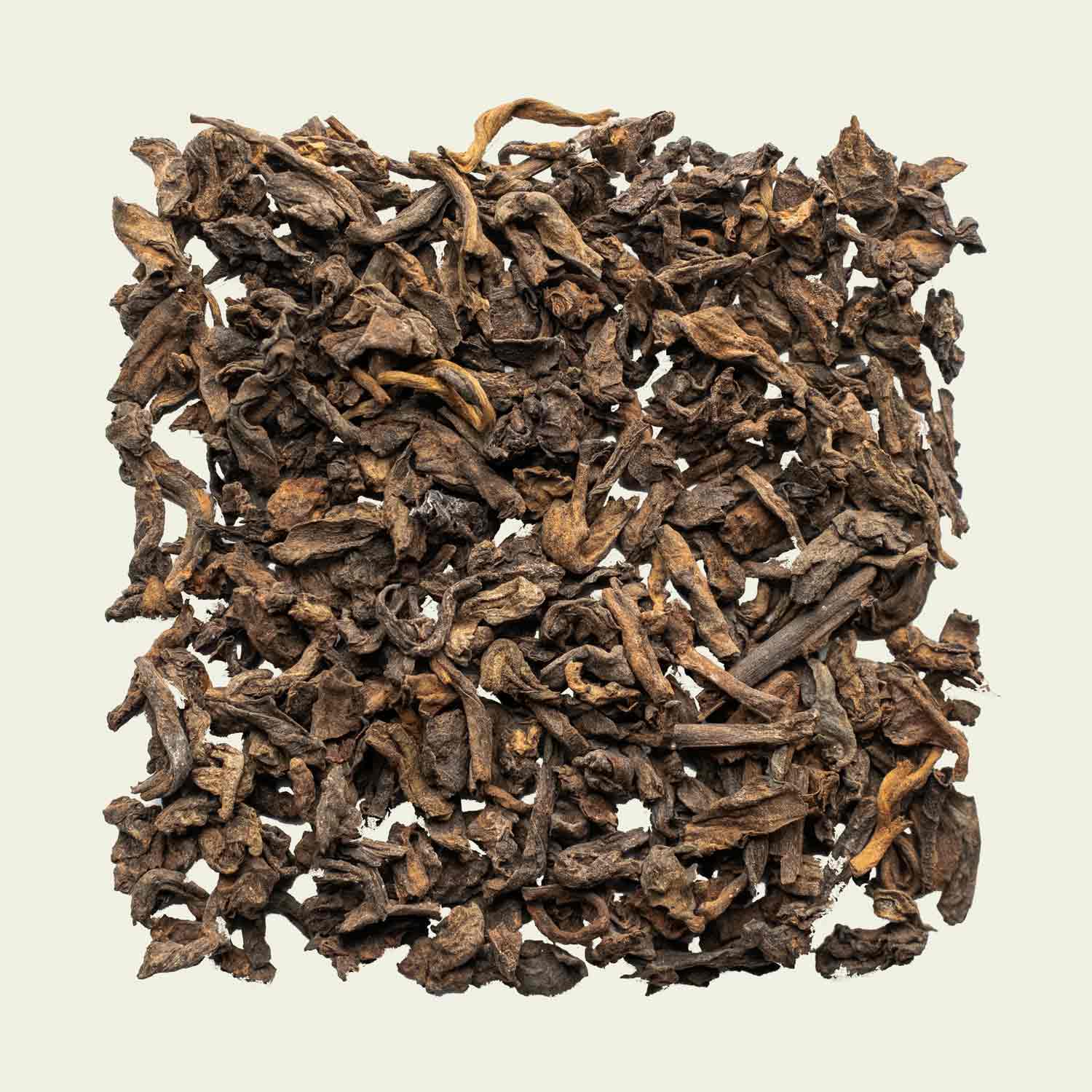 Gereifter Pu Erh aus Menghai, lose und dunkel strukturiert in Draufsicht – 5 Jahre gereift, Noema Spezialität.
