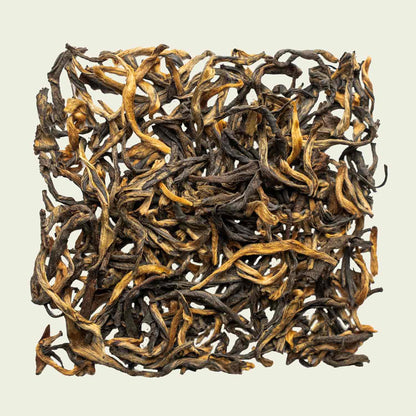 Goldschimmernde Schwarztee-Spitzen lose von oben fotografiert, Special Golden Black in Nahaufnahme – Noema Premiumtee.
