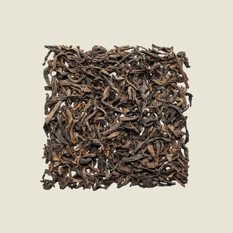 Lose Yunnan Pu Erh-Blätter mit erdiger Struktur, Draufsicht auf dunkle Töne – gereifter Tee aus China.