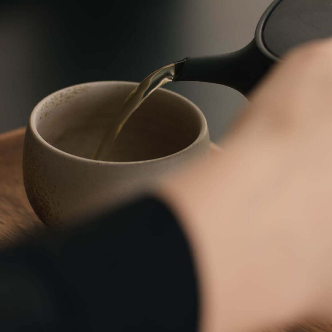 Frisch aufgebrühter Sencha wird in Tasse eingeschenkt